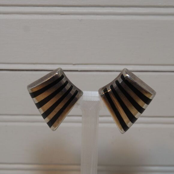 Vintage two-toned black and‎ silver Zina 925 Sterling silver clip on earrings - Picture 1 of 10